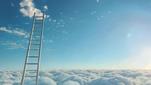 A vivid illustration shows a ladder ascending into the clouds, bathed in golden sunlight. scene evokes a sense of aspiration and connection to the divine.