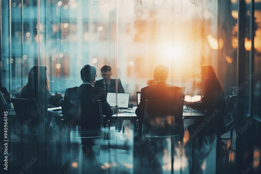 Poster People in casual wear in a blurred business office with blurred bokeh background.