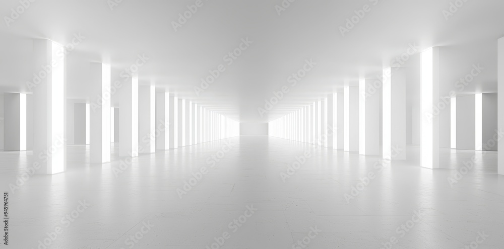 Aufkleber in view of a futuristic room, showroom, spaceship, hall or studio with a white floor and ceilings wi