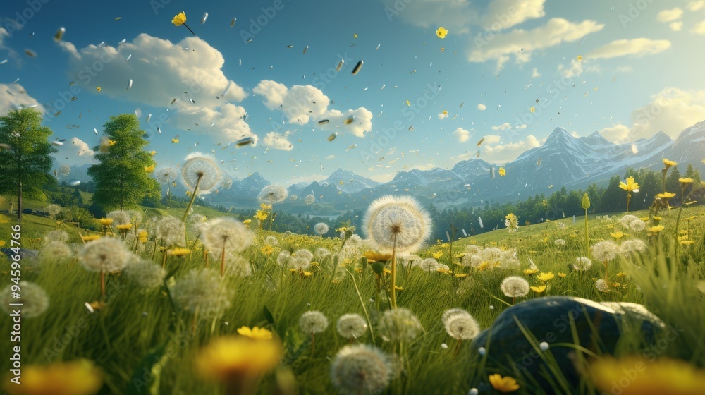 Wall mural dandelion meadow under sunny sky