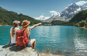 Two Backpackers Enjoying a Scenic Mountain Lake View