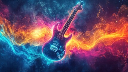 A colorful guitar is shown in a space background