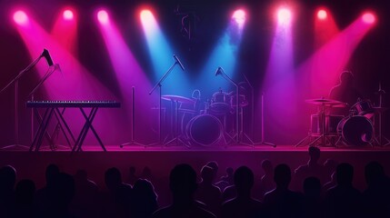 A stage with a band playing and a crowd watching