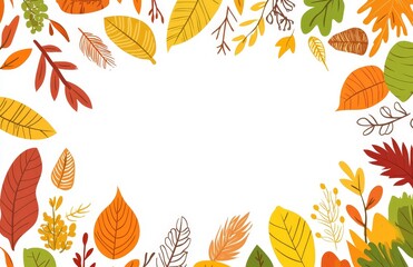 Stock illustration of a rectangle frame border with an autumnal theme, an orange, yellow, and green color scheme, and a white background
