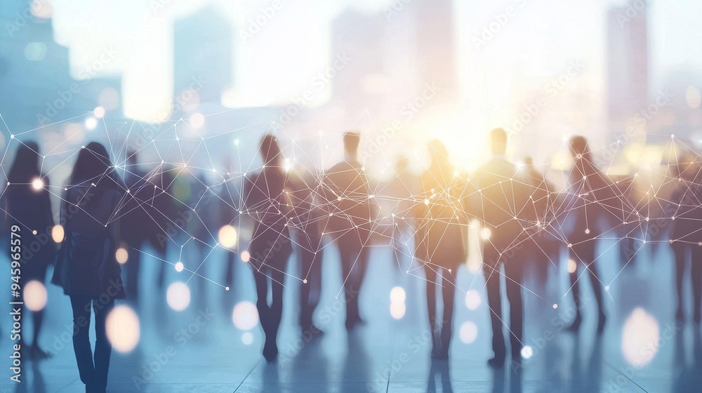 Poster a crowd is connected by a network of wireless connections. connected crowds, smart cities, big data,