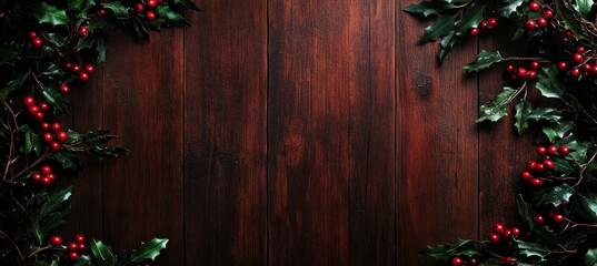 Pine Branches and Red Berries Over Wood Background, Copy Space for Christmas Holidays