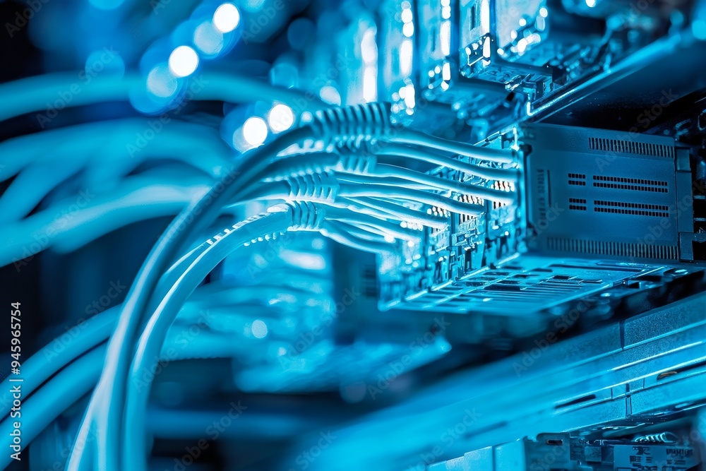 Poster Network background with switch and internet cables. Data center with fiber optics.