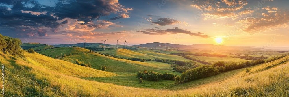 Poster view of a wind farm for generating electricity using the wind. renewable energy, production with cle