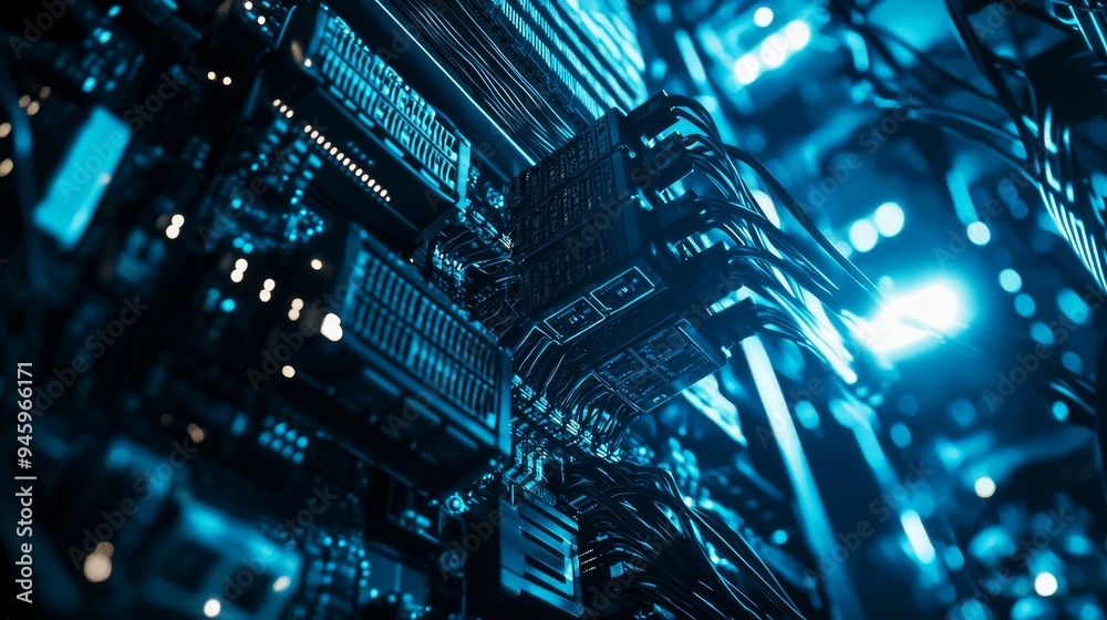 Poster Network background for company on quantum computer development, Internet cables and wires in server room with switch.