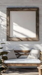 3D Rendering of a Weathered Wood Frame Mockup in a Cozy Farmhouse Living Room Interior with Soft Diffused Daylight and a Rustic Inviting Ambiance