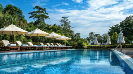 Elegant umbrellas and chairs surrounding a luxurious swimming pool at a hotel resort, perfect for a holiday vacation.