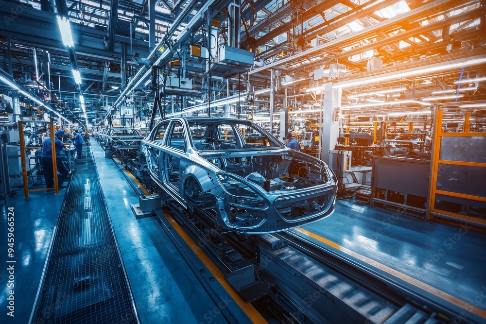 Aufkleber the futuristic industrial setting features high-tech machinery, robotic automation, mechanical assem