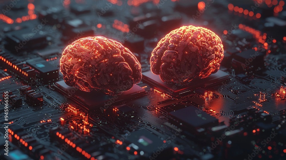 Poster In this concept we see a human brain burning from a processor, symbolizing the fusion of human intelligence and machine learning capabilities. Data technology is evolving.