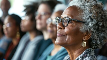 Fototapeta premium Older adults attending a health education seminar, asking questions and taking notes