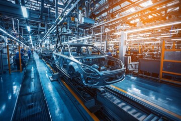 Fototapeta premium The futuristic industrial setting features high-tech machinery, robotic automation, mechanical assembly, and automotive manufacturing equipment.