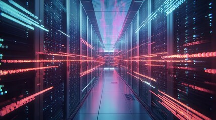 An empty modern server room with large servers, wires and buttons. Cloud storage, mining farm, data storage.