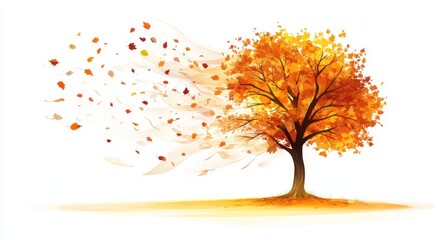 Fototapeta premium Colorful autumn leaves blowing in the wind on a white background. Clipart of an autumn tree with leaves swirling around it
