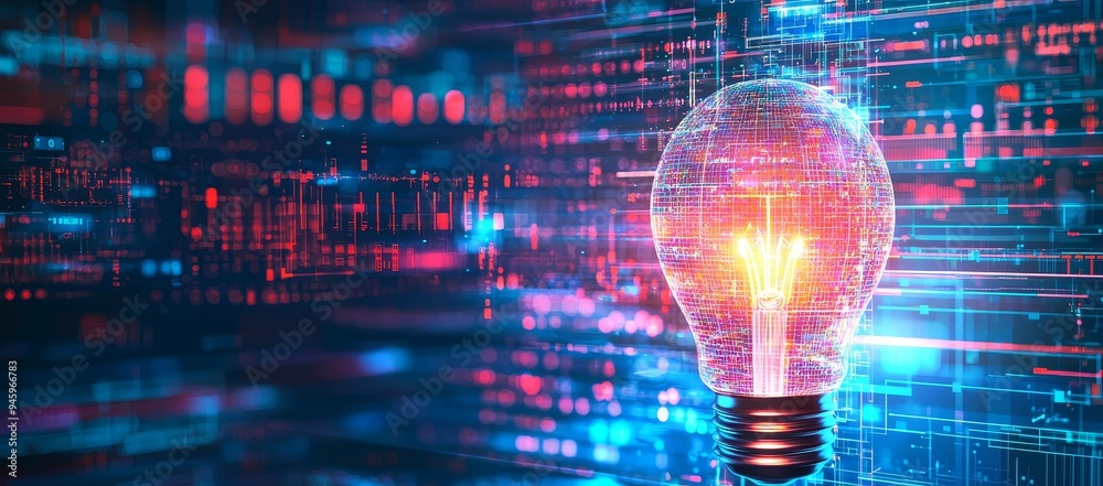 Leinwandbilder Light bulb with a complex digital network inside against a dark technological background. A stock and innovative technology concept.