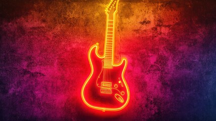 A neon guitar is lit up on a wall