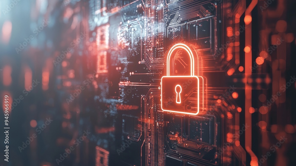 Poster Cyber security technology for fraud prevention and privacy data network protection concept with digital padlock on dark blue background