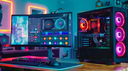 A desktop computer rests on a desk, facing a monitor that displays various applications, creating an organized workspace for productivity and creativity.