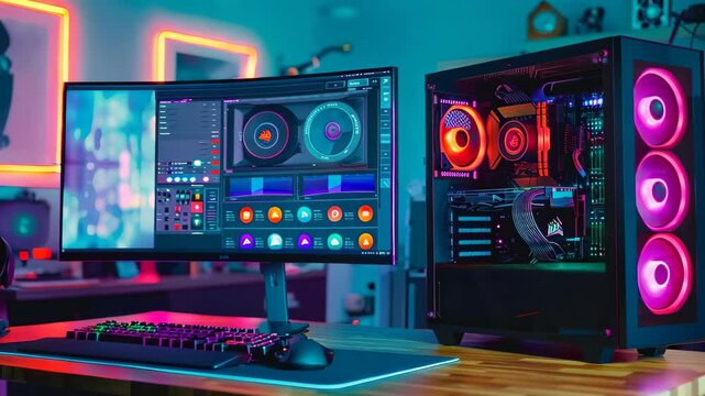 A desktop computer rests on a desk, facing a monitor that displays various applications, creating an organized workspace for productivity and creativity.