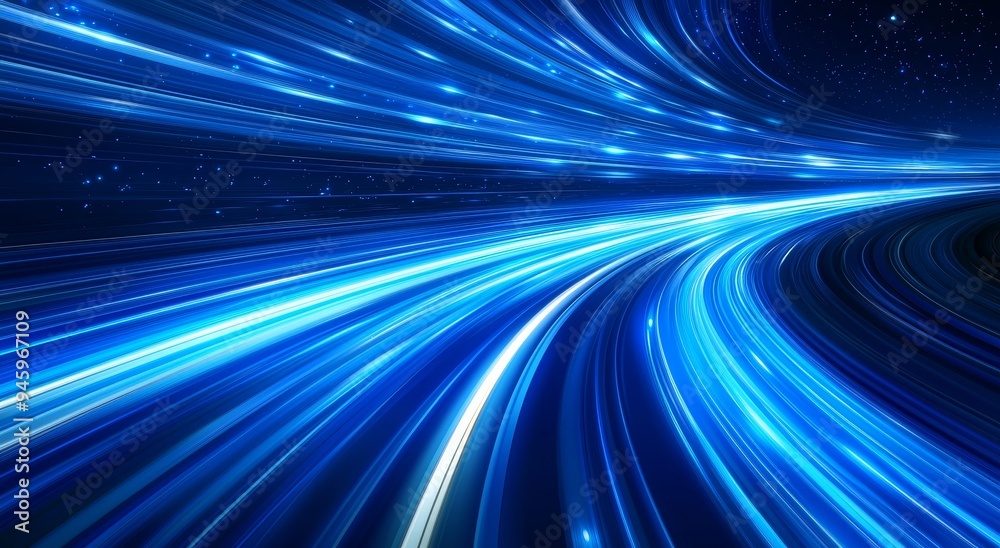 Poster Light streaks convey speed and motion in cool blue hues on a dynamic abstract background.