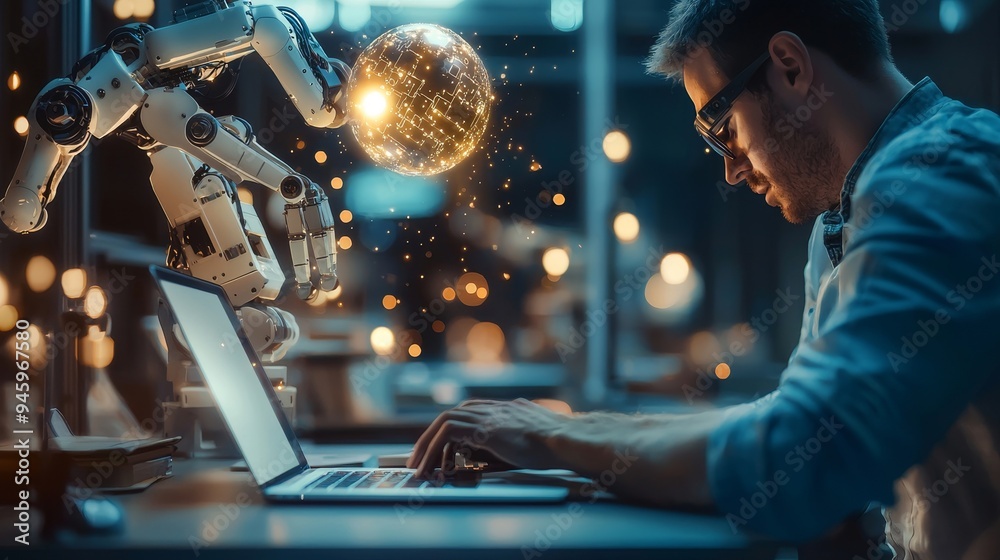 Poster Using a laptop, a man searches for technology smart open AI or stock using a stock chatbot.