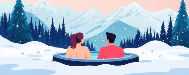 Couple relaxing in a hot tub surrounded by snow and mountains, perfect for winter romance and cozy getaway vibes.