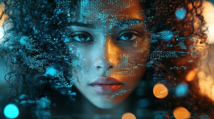 Image of an AI cyber security threat, black african-american female IT specialist analysing data, augmented reality stock collage, side profile, and copy space