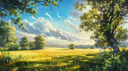 Golden Field Landscape with Lush Trees