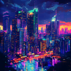 Fototapeta premium Digital vibrant and cityscape with neon lights image