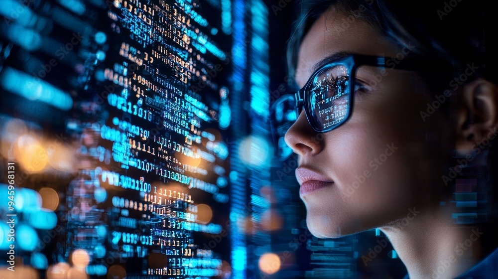 Poster men with a focus on coding, holograms, trading with cyber security, futurism and research. investors