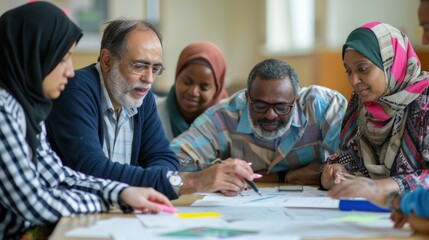 Adult students of different ethnicities collaborating on a group project in a community education center