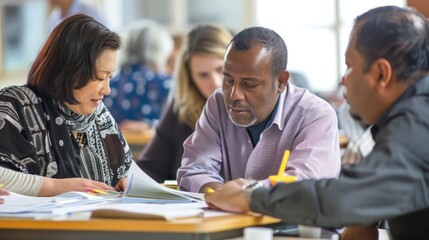 Adult students of different ethnicities collaborating on a group project in a community education center