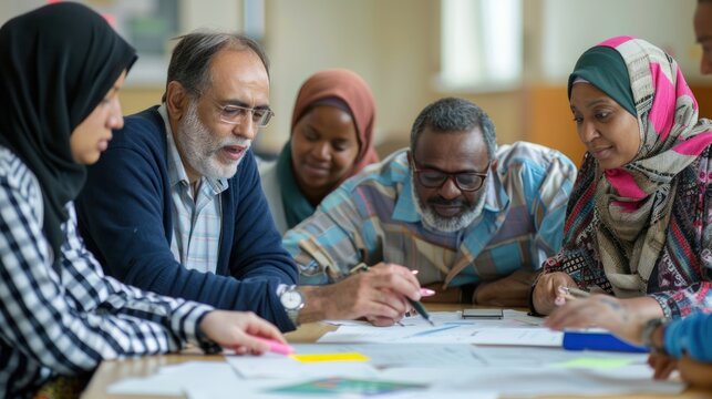 Adult students of different ethnicities collaborating on a group project in a community education center