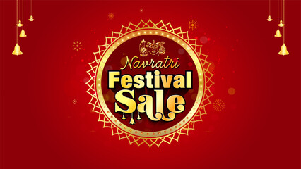 Navratri festive sale logo design with golden vintage ornament frame on red sparkle background.