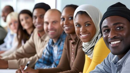 A diverse group of adult learners from various ethnic backgrounds participating in a computer literacy class