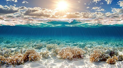   An underwater view of a coral reef, sunlight filtering through the clouds above, and clear water reflecting the blue sky