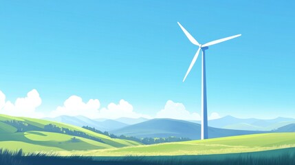 Obraz premium A wind turbine is standing in a field with a blue sky in the background