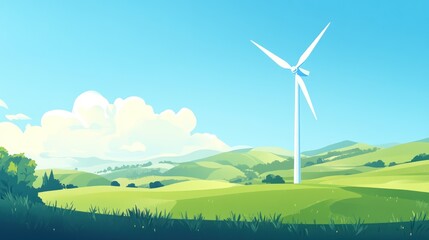 Fototapeta premium A wind turbine is standing in a field with a blue sky in the background