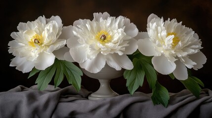 Fototapeta premium Fresh white peonies are arranged in a clear vase, complemented by a gray fabric napkin, creating a striking still life against a dark background that emphasizes their beauty