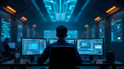 Fototapeta premium Futuristic High-Tech Workspace with Person at Desk Surrounded by Glowing Interfaces