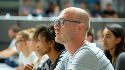 Adult students attending a lecture in a modern classroom, listening intently to the instructor