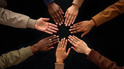 Obraz premium Overhead View of Diverse Hands Joined in a Circle, Symbolizing Unity and Teamwork