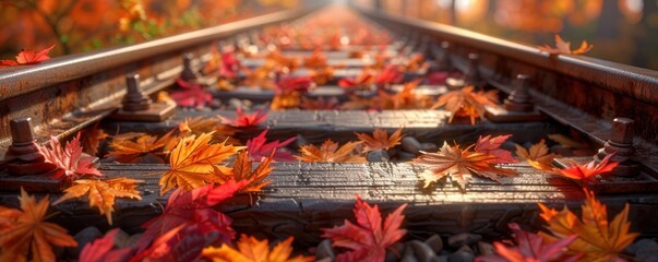 Fototapeta premium Autumn Leaves on Railroad Tracks, A Journey Through Fall Colors, Beautiful Fall Scenery, Colorful Fall Foliage, Railway Tracks Covered in Leaves, Fall Colors, Fall Foliage, Nature Photography, Autumn
