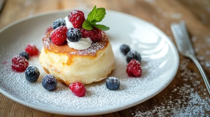 Fluffy souffle pancakes with a dollop of cream and fresh berries on a white plate, set on a wooden table, close-up, perfect for a cozy brunch