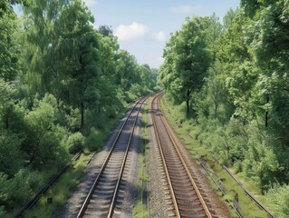 Fototapeta premium Scenic Railway Line Through Dense Forest Capturing the Essence of a Voyage, Journey Through Nature, Train Tracks, Woodland, Railroad, Tracks, Green Trees, Tranquility, Travel, Adventure