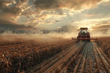 Fototapeta premium Tractor Harvesting Corn Field at Sunset, Scenic Travel Path, Autumn Harvest Season, Golden Hour, Rural Landscape, Agricultural Machinery, Farming, Countryside, Fall Colors, Nature Photography