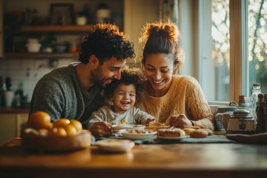 A loving family of mixed-race parents and their adopted child enjoy breakfast together at a cozy kitchen table filled with warmth and morning light. - Powered by Adobe